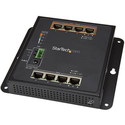 Connect up to 8 different GbE (4 PoE+) devices, using this IP30 industrial Ethernet switch with intelligent Layer 2 management
