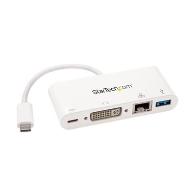 Charge your laptop through USB-C and create a workstation wherever you go, with DVI video output, Gigabit Ethernet and a USB-A port