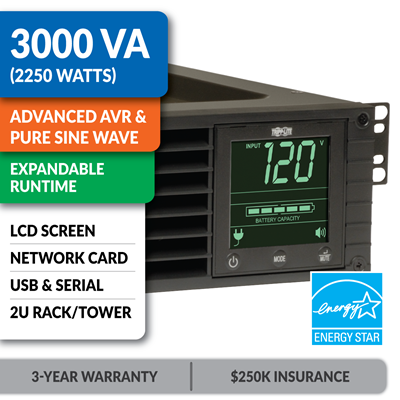SMART3000RM2UN SmartPro® Line-Interactive Rack/Tower Sine Wave UPS with Expandable Runtime, Network Card and LCD