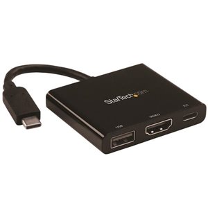 Connect your USB Type-C laptop to an HDMI display and a USB Type-A peripheral device, plus power and charge your laptop