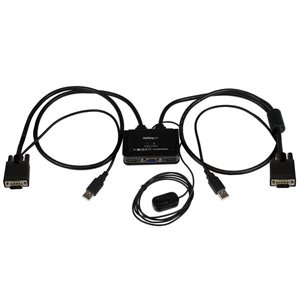 Control two VGA, USB-equipped PCs with a single monitor, keyboard, and mouse peripheral set
