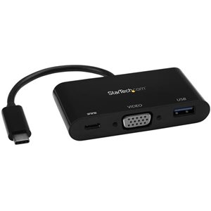 Connect your USB Type-C laptop to a VGA display and a USB Type-A peripheral device, plus power and charge your laptop