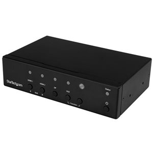Switch between DisplayPort, VGA or two HDMI source devices on one display, with automatic and priority switching