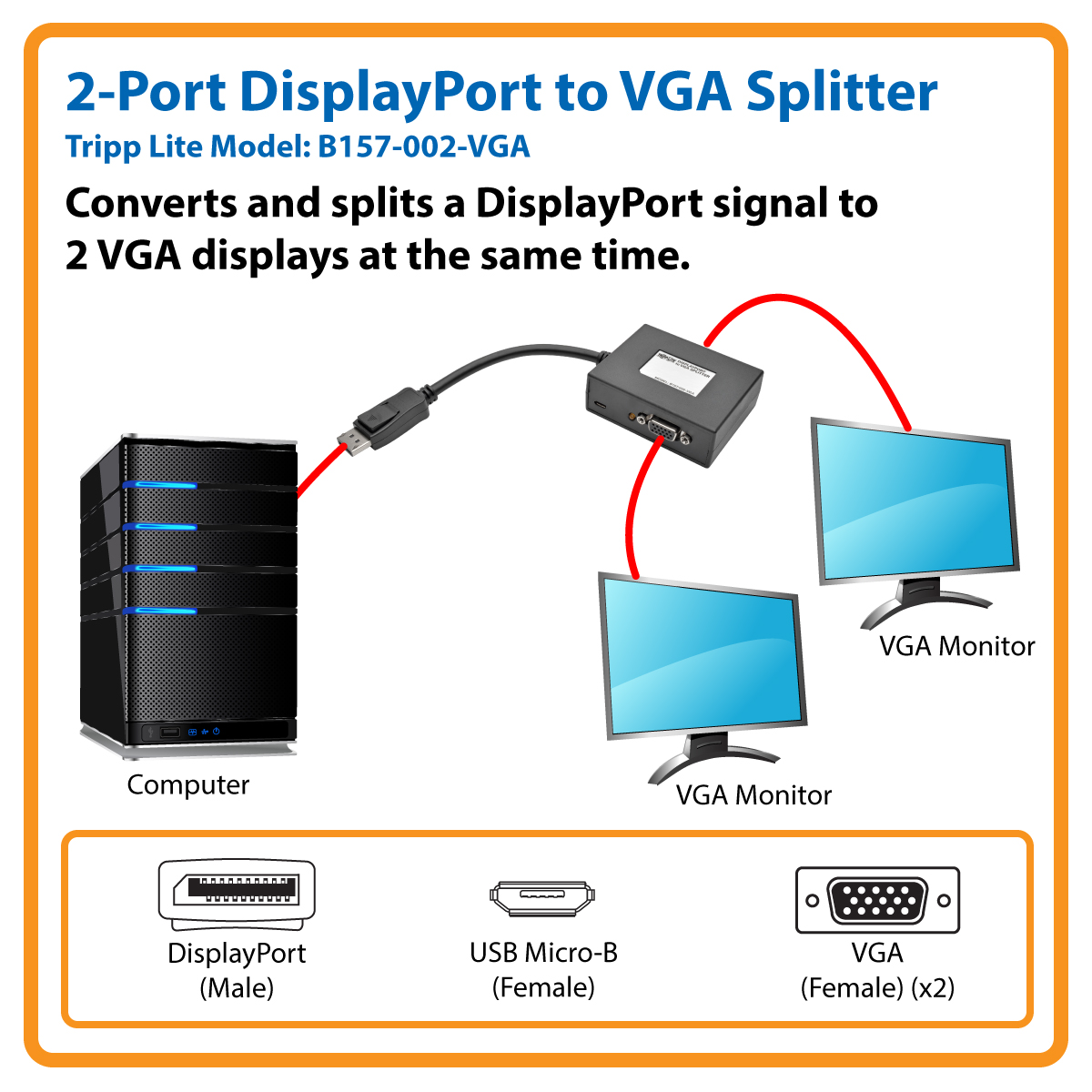 Tripp Lite 2Port DisplayPort to VGA Video Splitter 1080p 1920 x 1080 60Hz video splitter 2