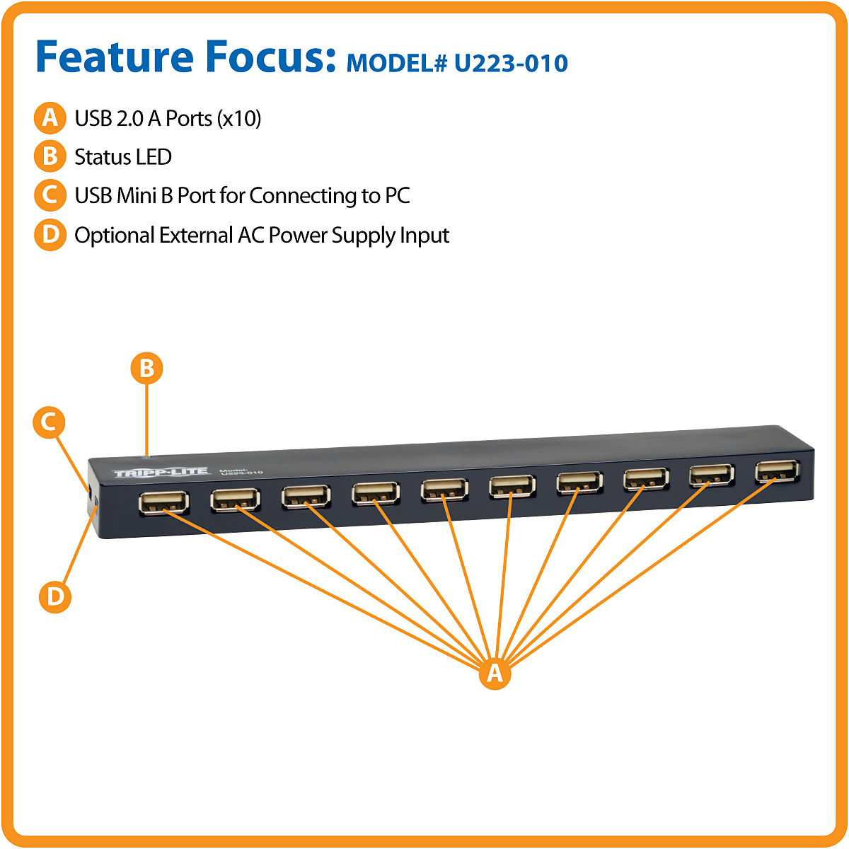 Tripp Lite 10-Port USB 2.0 Hi-Speed Hub (U223-010) - Newegg.com