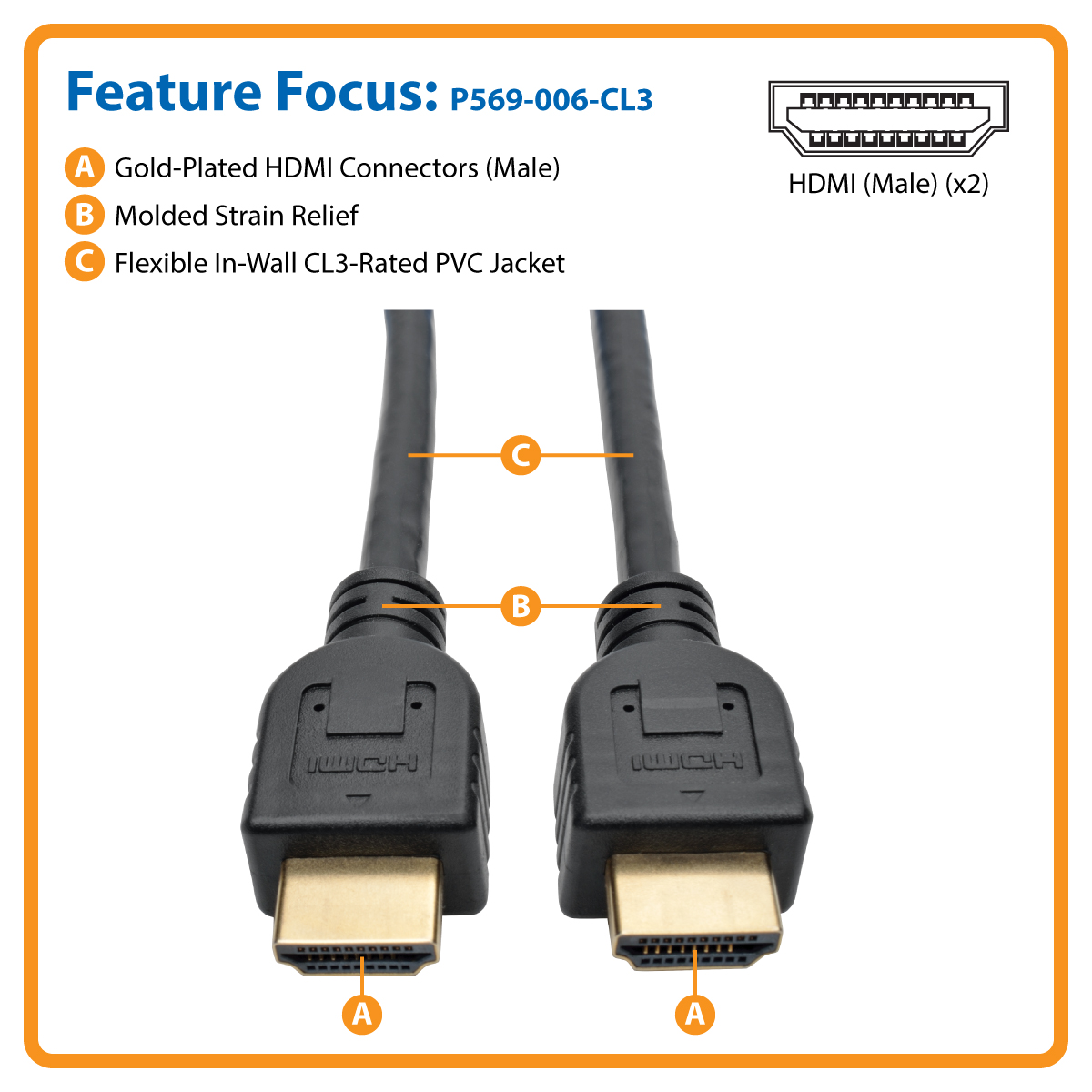 Tripp Lite 6ft Hi-Speed HDMI Cable w/ Ethernet Digital CL3-Rated UHD 4K M/M  HDMI with Ethernet cable 6 ft P569-006-CL3 - Corporate Armor