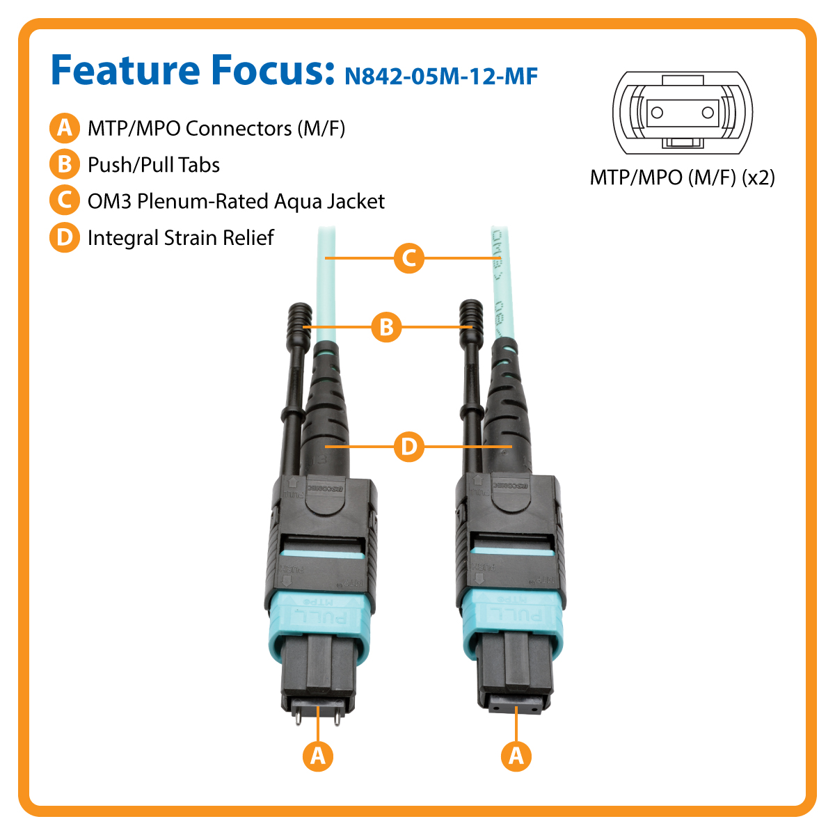 Tripp Lite 5M MTP/MTO Multimode Cable 12 Fiber 40 GbE OM3 Aqua M/F 16ft 16' 5  Meter - patch cable - 5 m - aqua