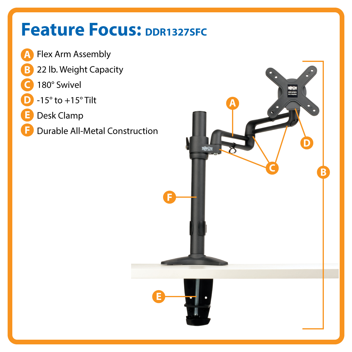 Tripp Lite Display LCD Flex Arm Desk Mount Monitor Stand Clamp 13" to