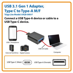 Tripp Lite USB 3.1 Gen 1.5 Adapter USB-C to USB Type A M/F 5 Gbps Tablet  Smart Phone - USB-C adapter - USB Type A to 24 - U428-000-F - USB Cables 
