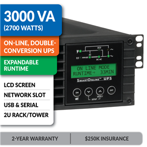 SU3000RTXLCD2U SmartOnline® 3000VA Double-Conversion Rack/Tower Sine Wave UPS with Expandable Runtime, Network Slot and LCD