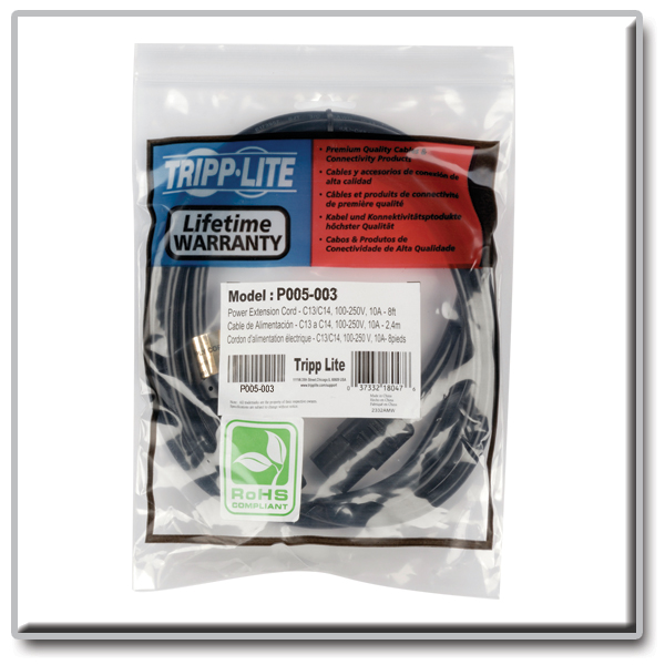 Tripp Lite P005-003 3ft Power Extension Cord 14AWG 15A C14 to C13 Heavy Duty