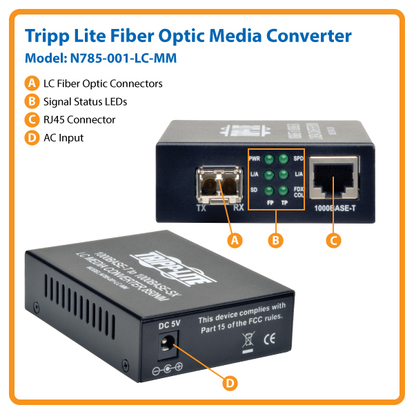N785-001-LC-MM Tripp Lite 10/100/1000 Lc Multimode Media Converter, 550m,  850nm