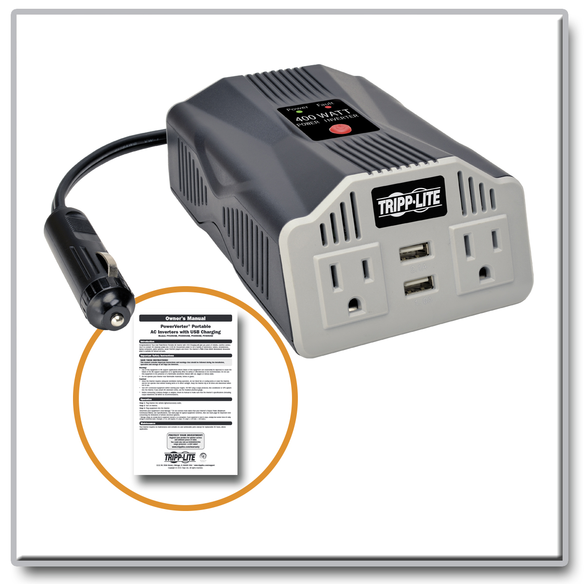 Tripp Lite 400W PowerVerter Ultra-Compact Car Inverter with 2 Outlets and 2  USB Charging Ports