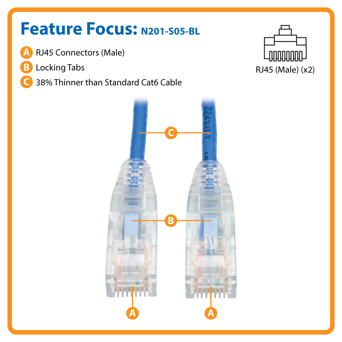 Tripp Lite Cat6 Gigabit Ethernet Cable Molded Ultra-Slim RJ45 M/M Blue 5ft  - network cable - 1.52 m - blue - N200-UR05-BL - Cat 6 Cables 