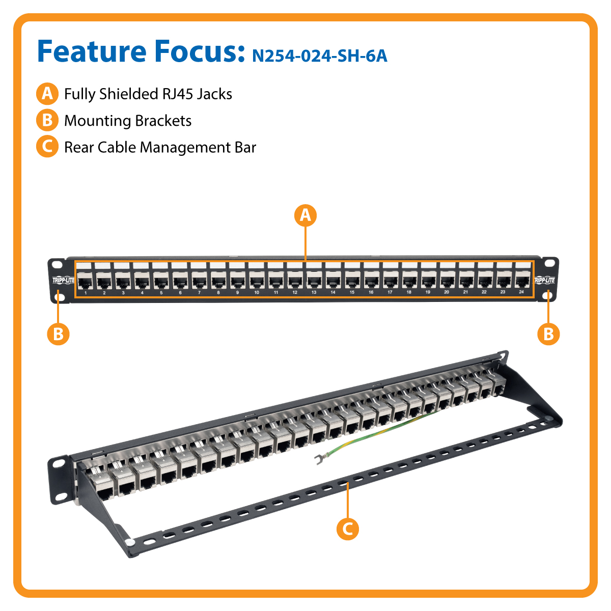 Tripp Lite 24-Port Shielded Cat6 Patch Panel Feed Through Rackmount RJ45  1URM TAA - patch panel - 1U - 19 - N254-024-SH - Patch Panels 