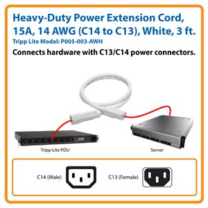 Tripp Lite Heavy-Duty 3ft Heavy Duty Power Extension Cord 15A 14 AWG C14  C13 White 3' - power extension cable - IEC 60320 C14 to IEC 60320 C13 - 3 ft